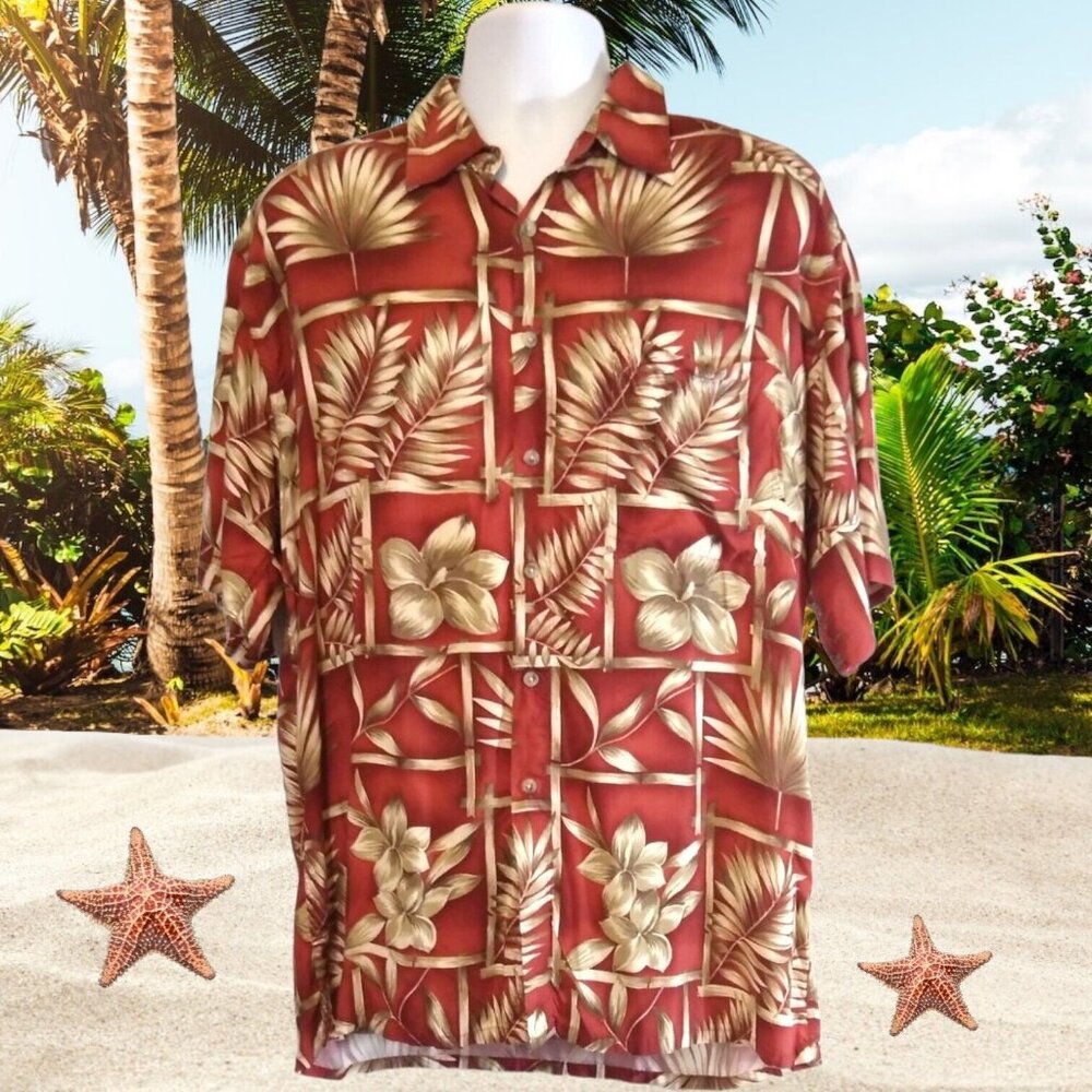 Pierre Cardin Hawaiian Shirt Mens Large Red with Leaves‎ One Front Pocket